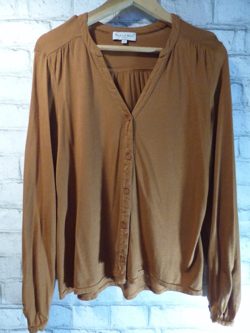 Michael Stars Tobacco Brown Button Down V-neck Modal Top Small NEW